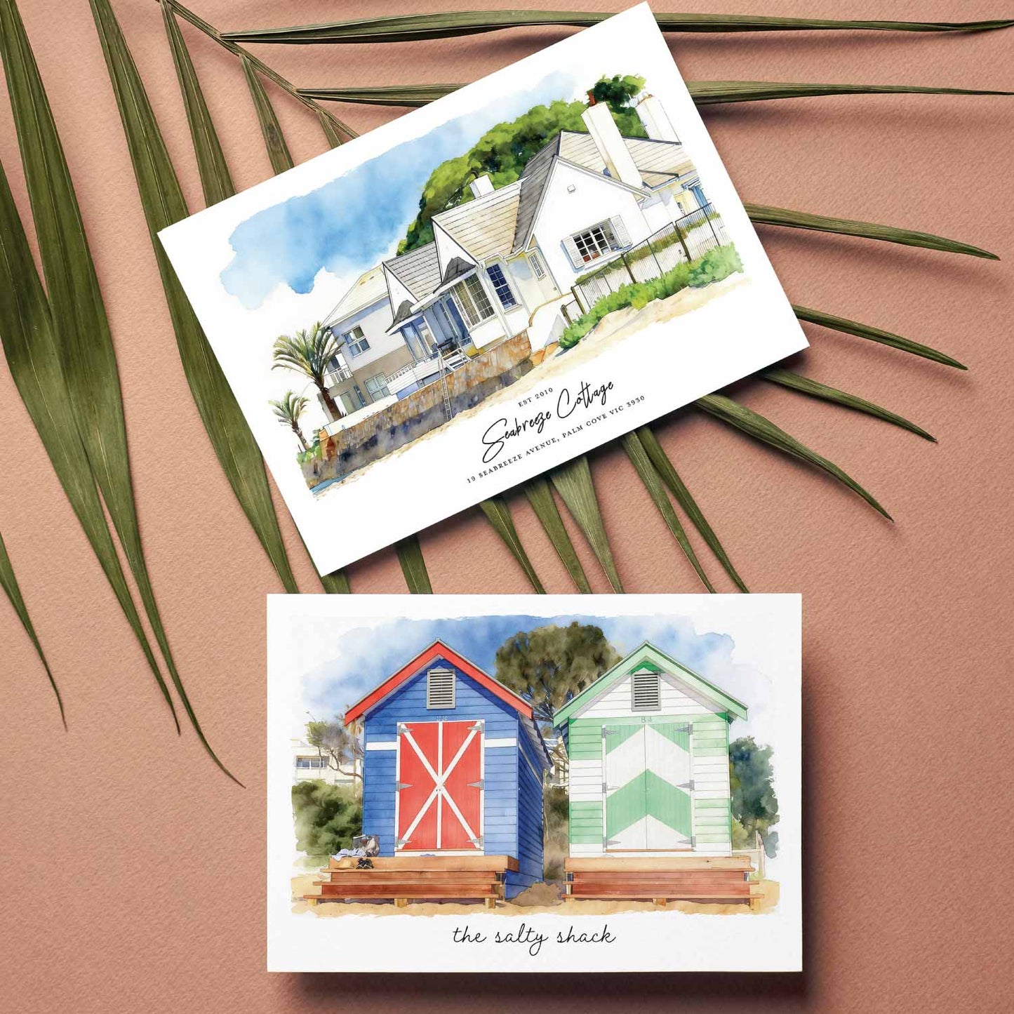 Two illustration featuring a custom beach house portrait and custom beach box portrait