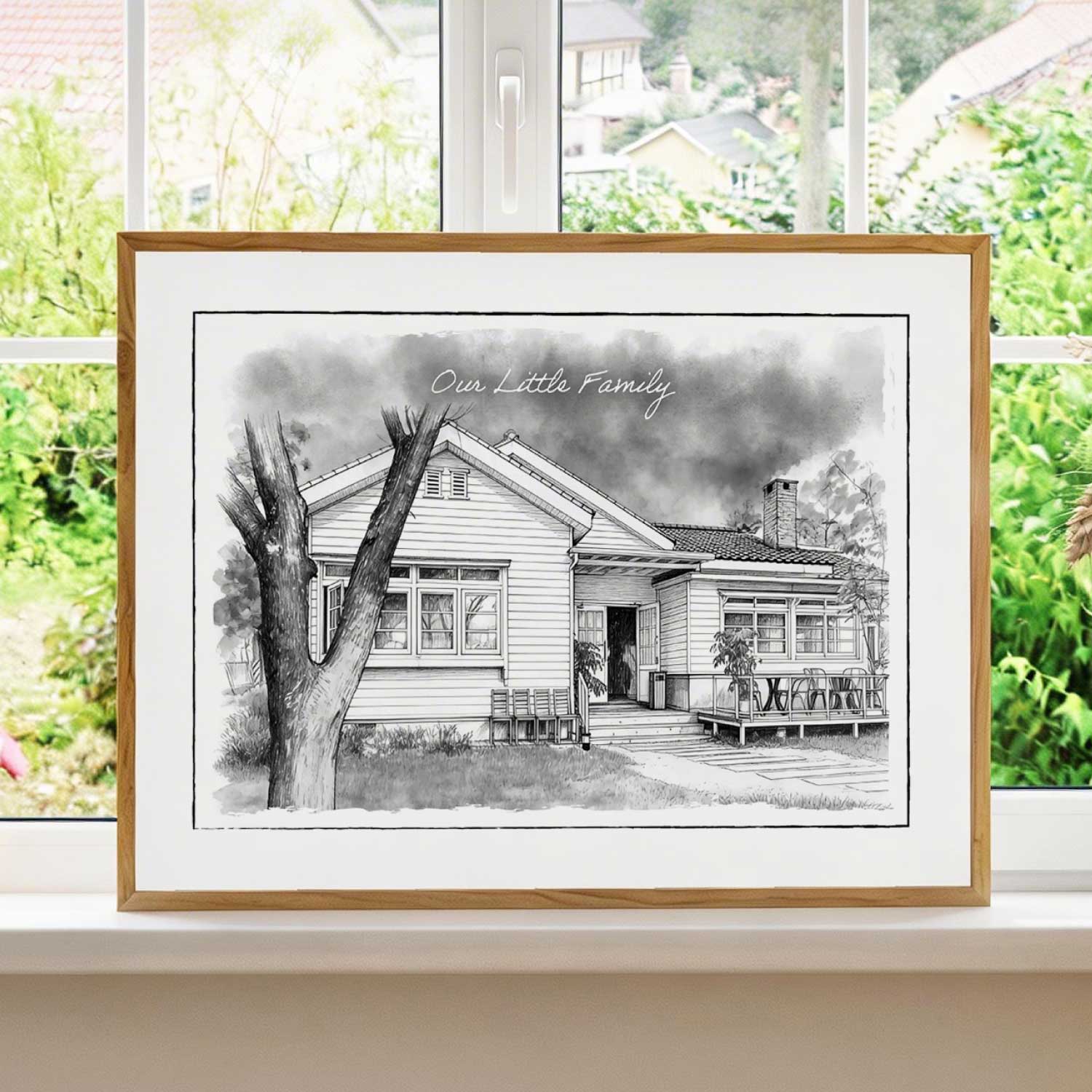 Framed black and white custom home portrait print displayed in front of a window with greenery.