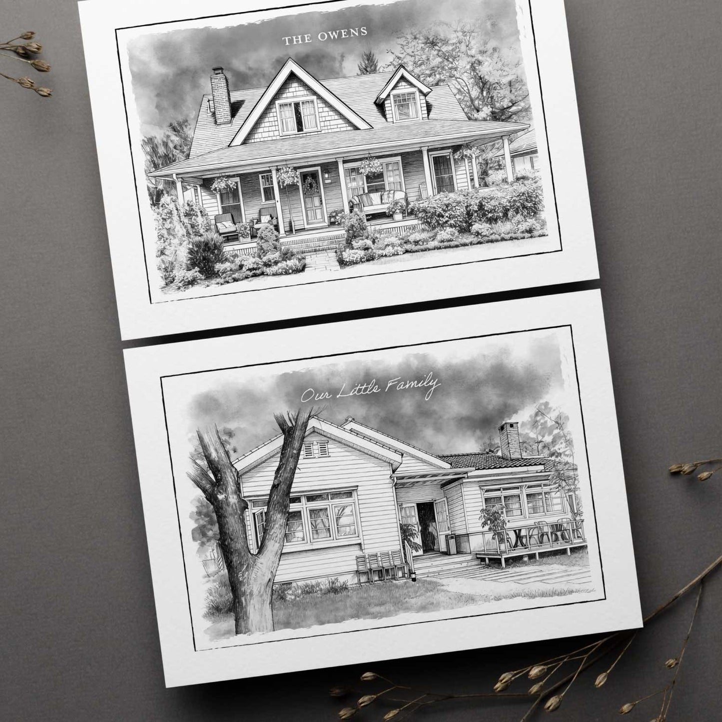 Illustration of two black and white custom home portrait prints