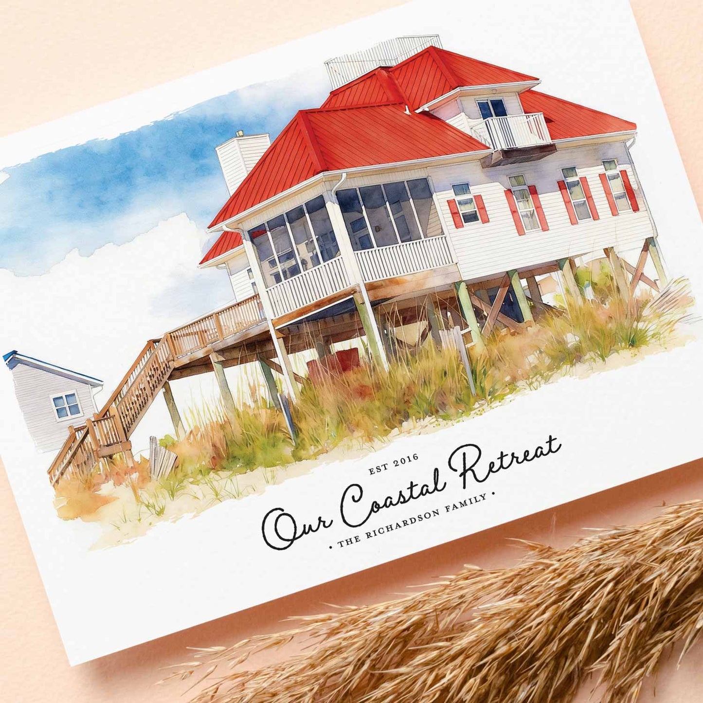 Illustration of a custom beach house portrait with 'Our Coastal Retreat' text on a card.