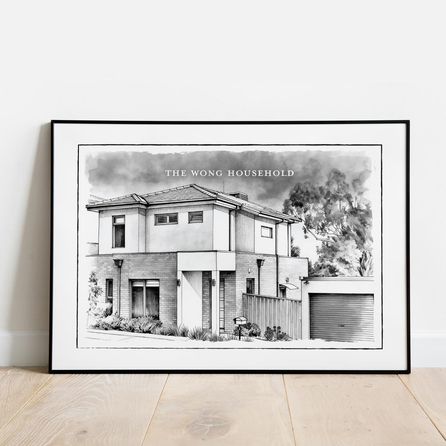 Framed black and white custom home portrait print