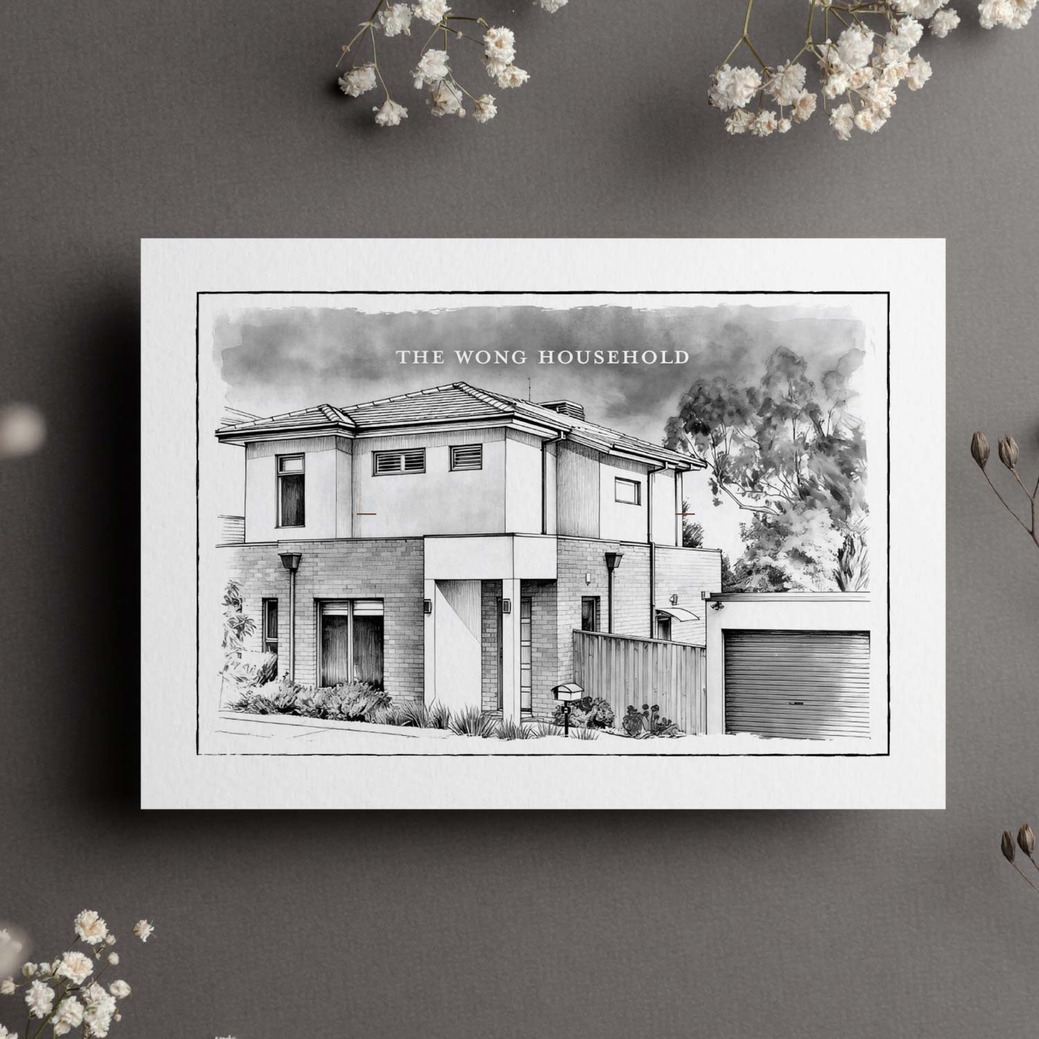 Illustration of a black and white custom home portrait print
