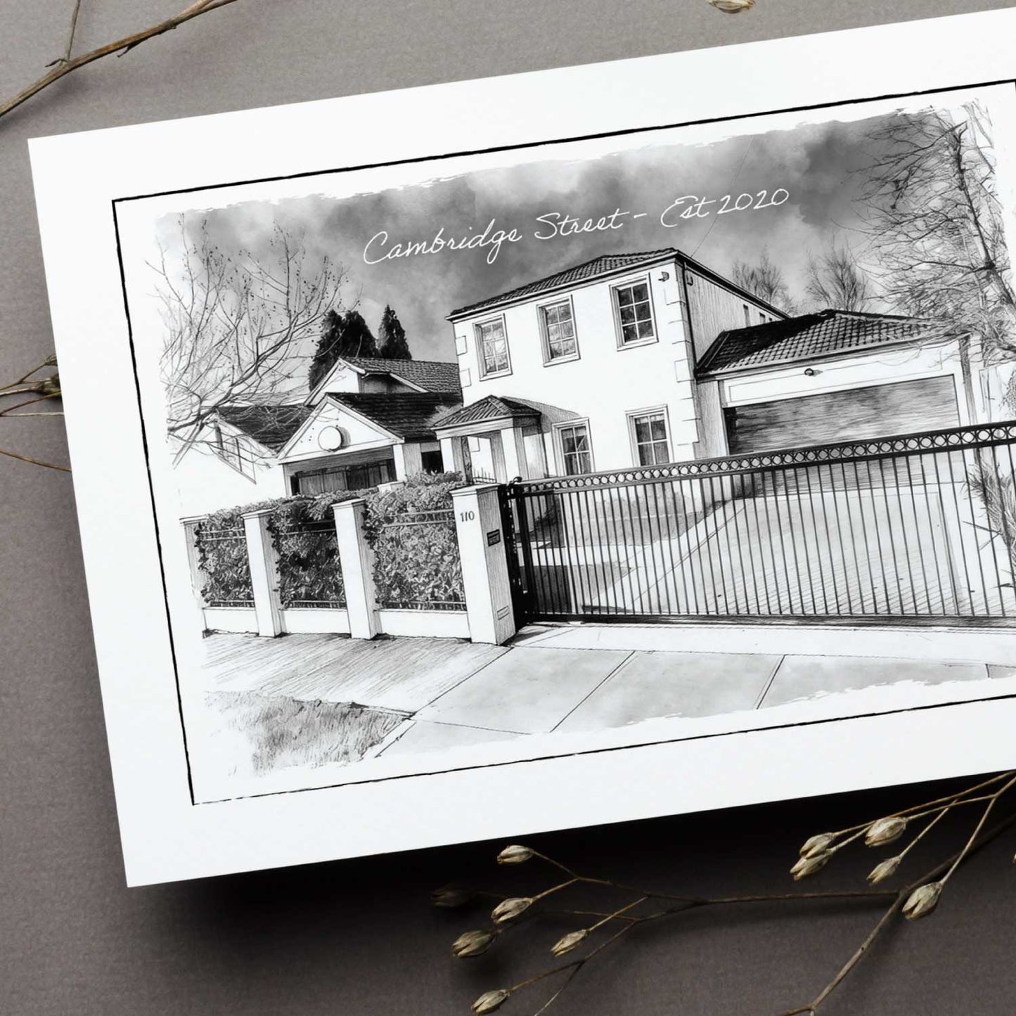 Illustration of a black and white custom home portrait print