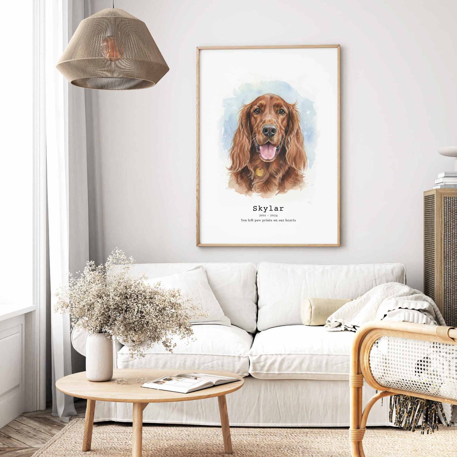Living room with a framed portrait of a dog named Skylar on the wall.
