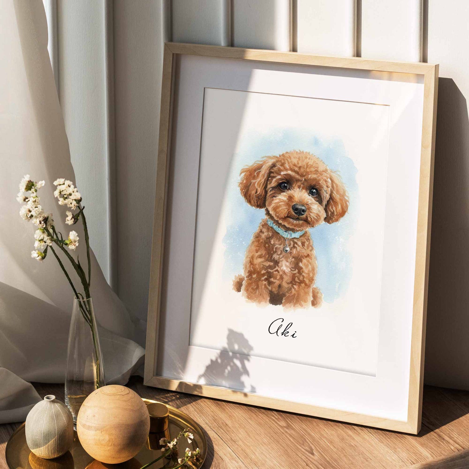 Custom pet portrait of a brown dog with blue collar in a framed wall art