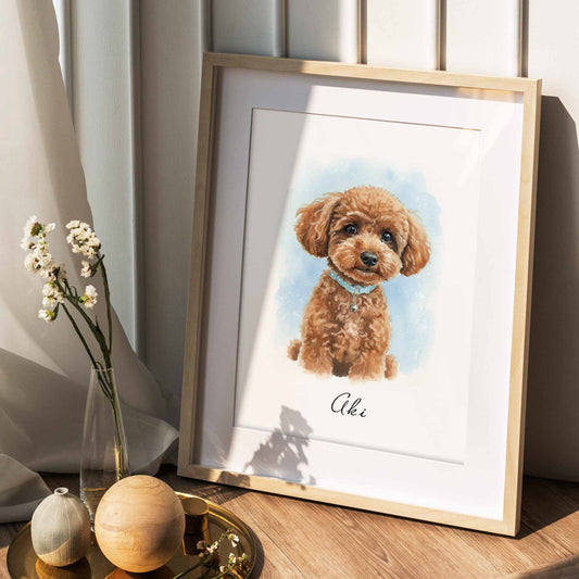 Custom pet portrait of a brown dog with blue collar in a framed wall art