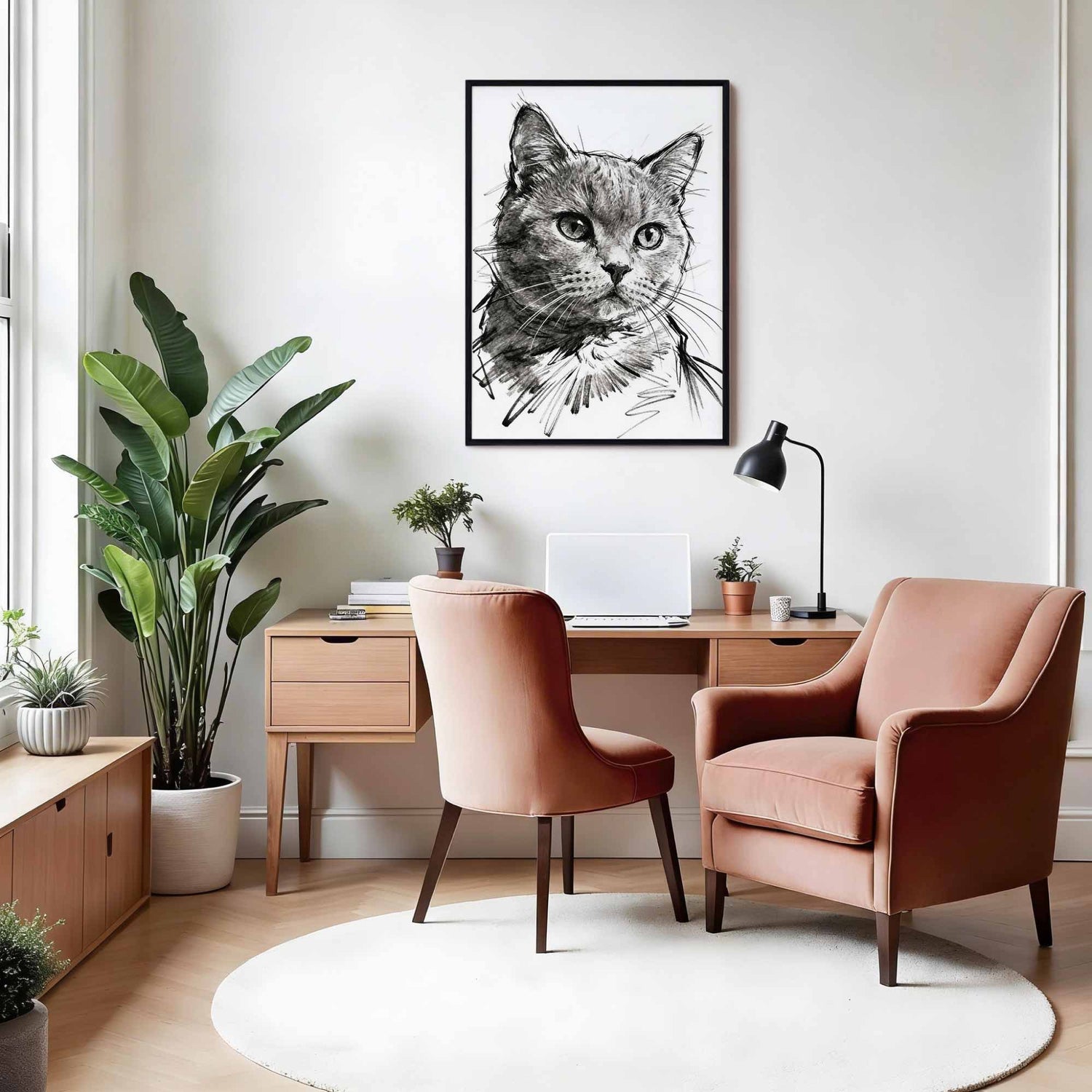 Framed sketch style dog portrait styled on shelf with decor