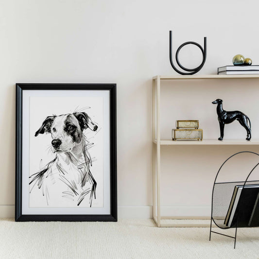 Framed sketch style dog portrait styled on shelf with decor