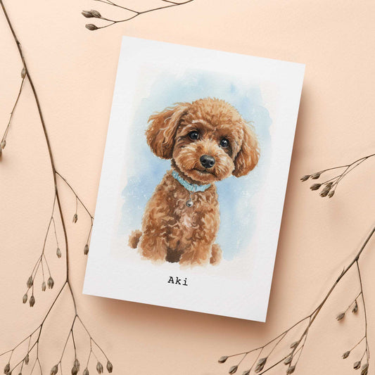 Card with a illustration of a Custom pet portrait of a brown dog named Aki on a beige background with branches.