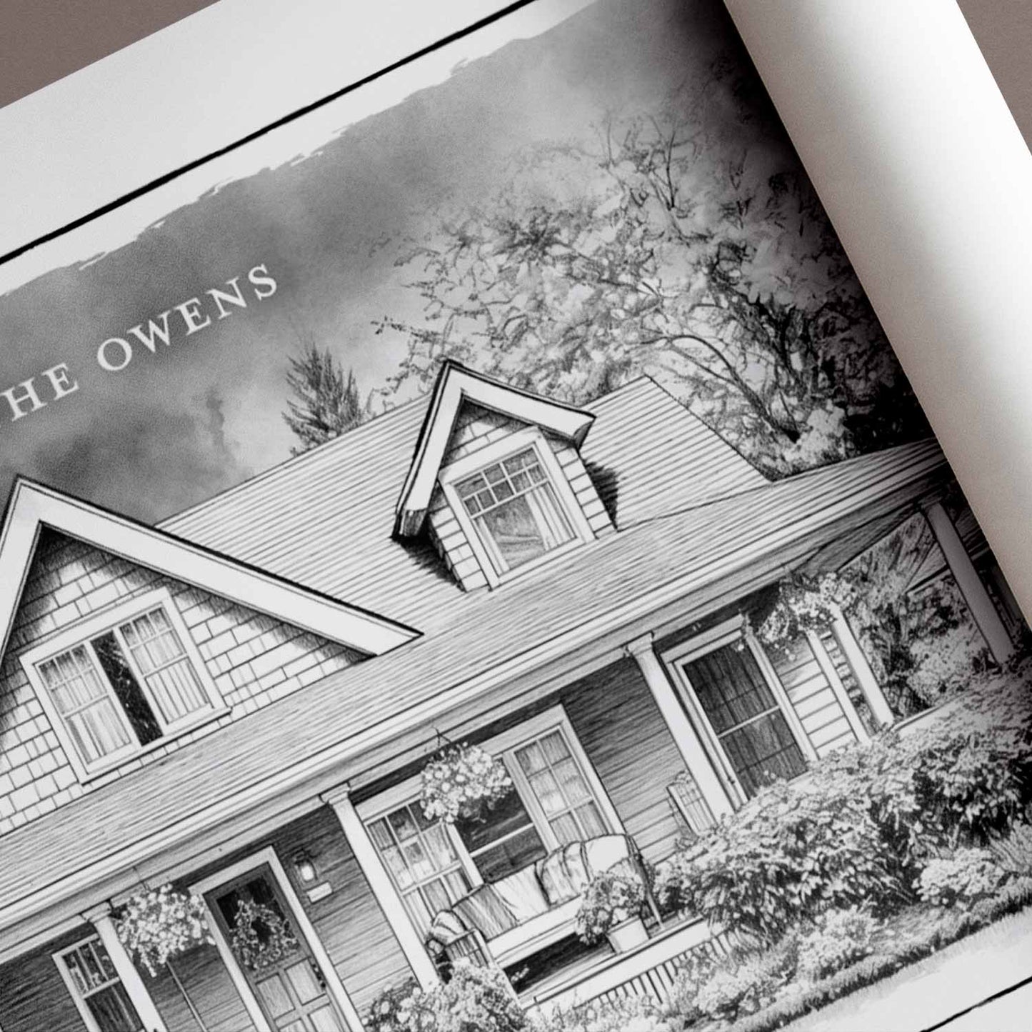 Close up illustration of a black and white custom home portrait print