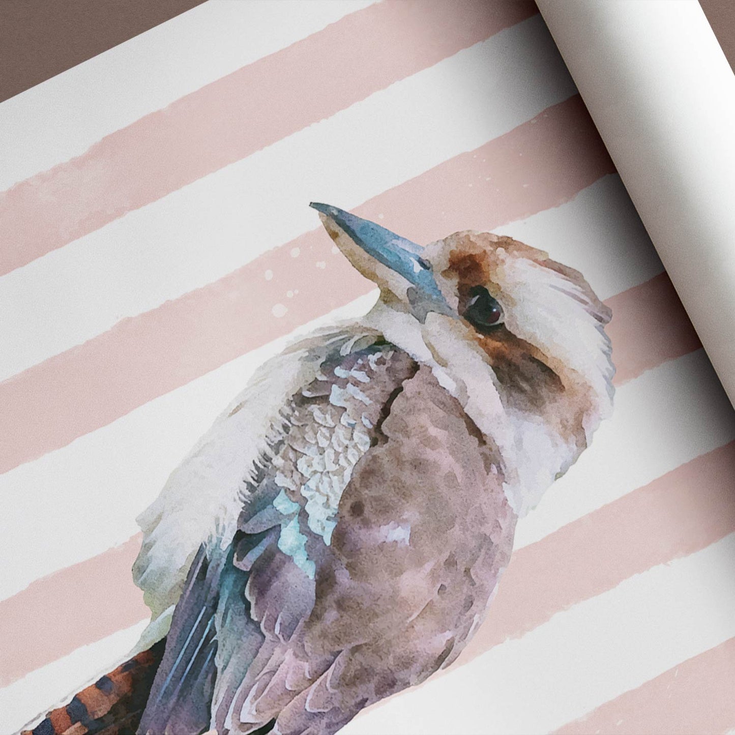 Watercolor painting of a kookaburra on a striped pink background
