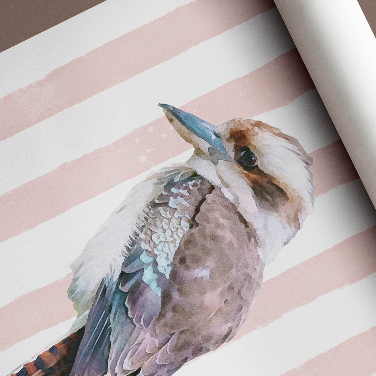 Watercolor painting of a kookaburra on a striped pink background