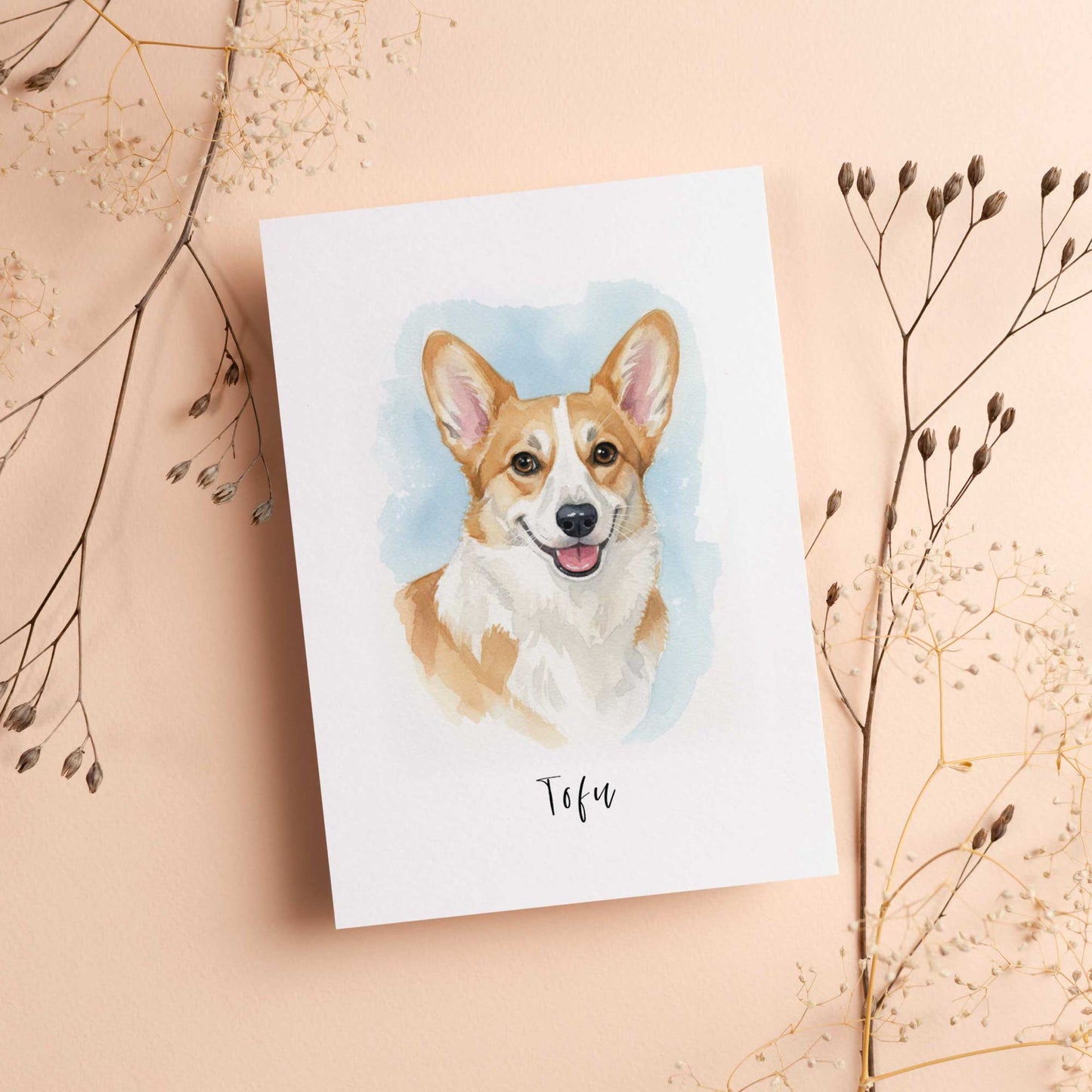 Card with a corgi illustration and name 'Tofu' on a beige background with dried plants.