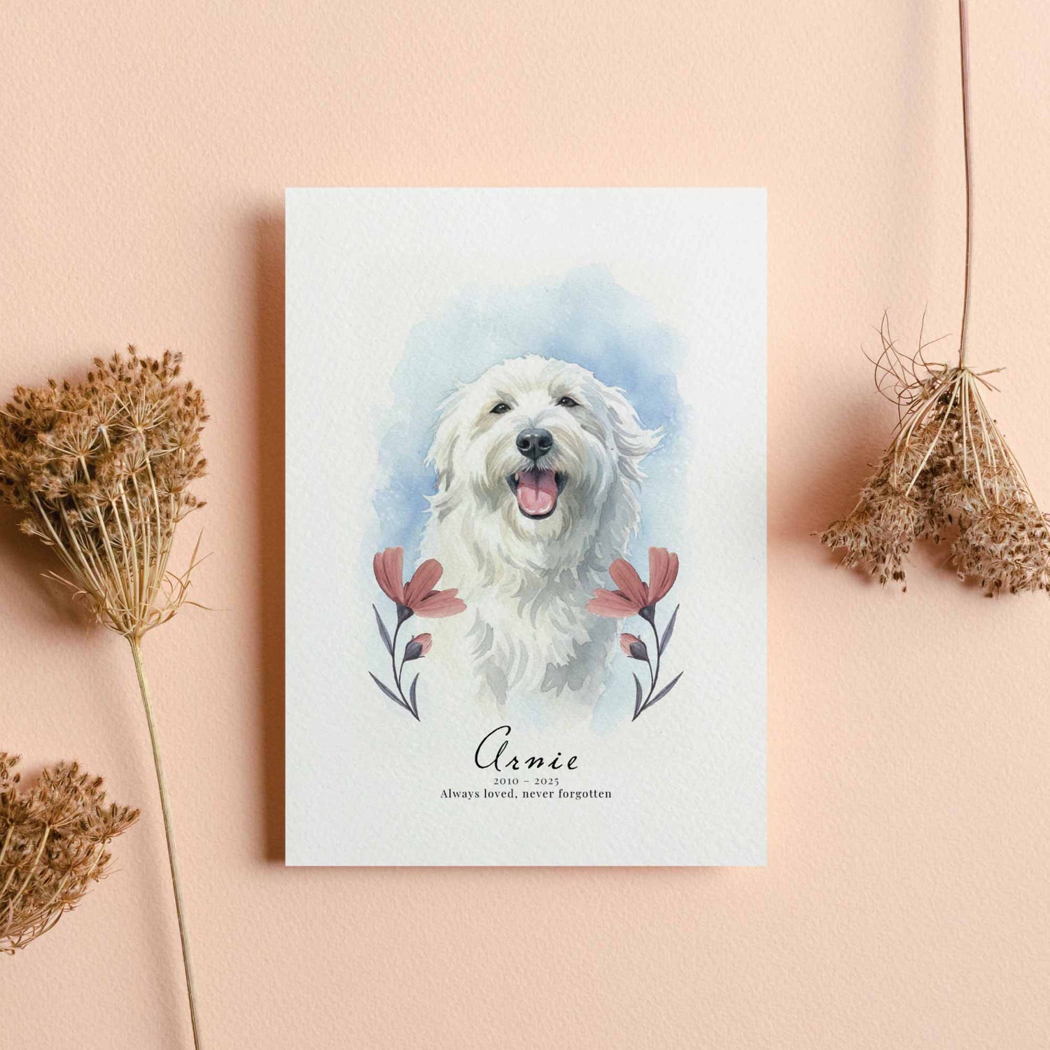 card with a white dog illustration on a pink background