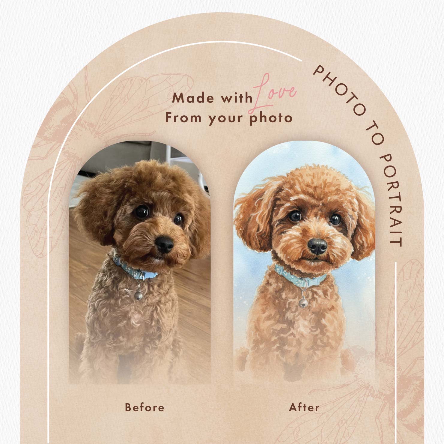 Dog photo frame showing a 'Before' and 'After' transformation of a dog's portrait.