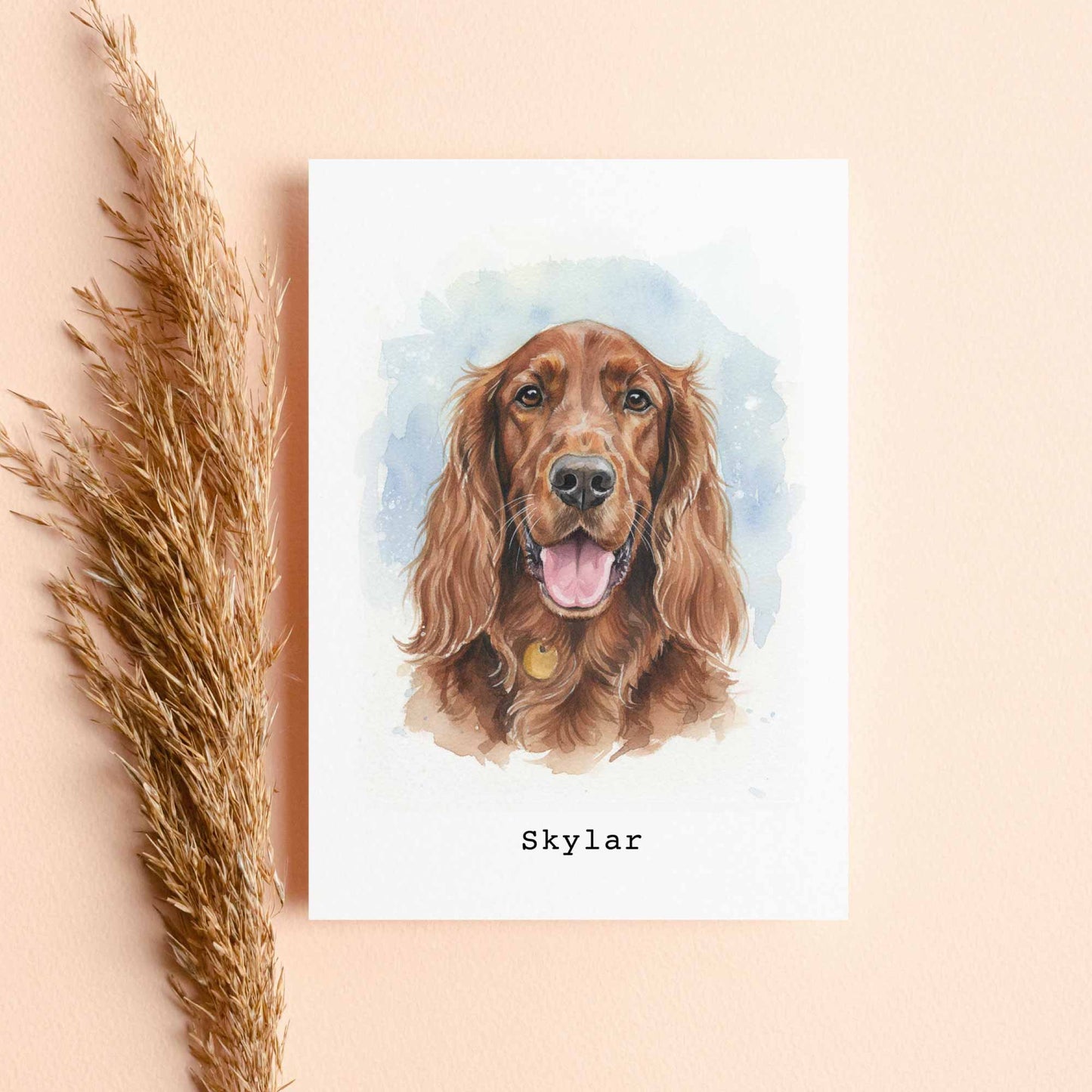 Card with a dog illustration named Skylar on a beige background with pampas grass.
