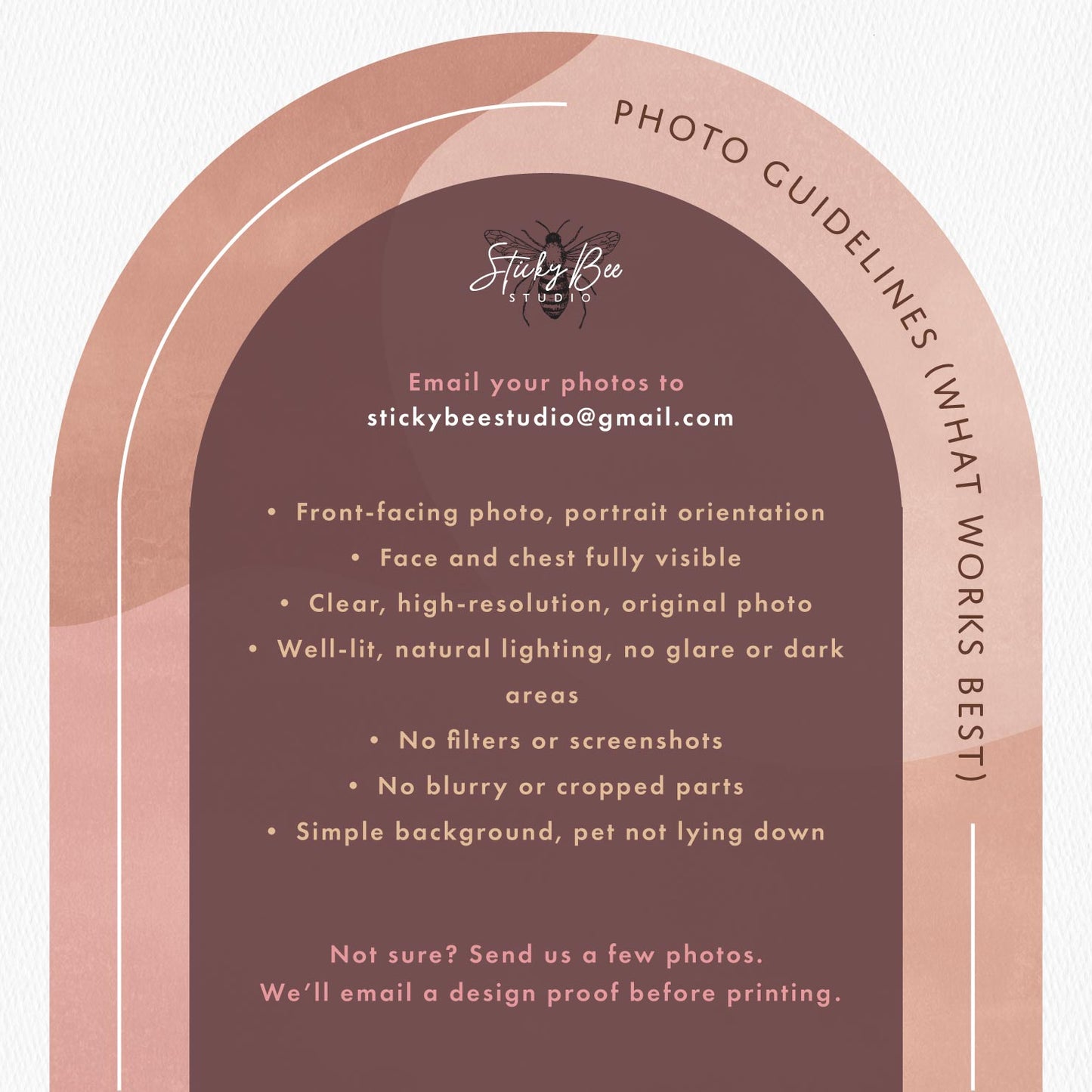 Photo guidelines card with brand logo and text on a light pink background