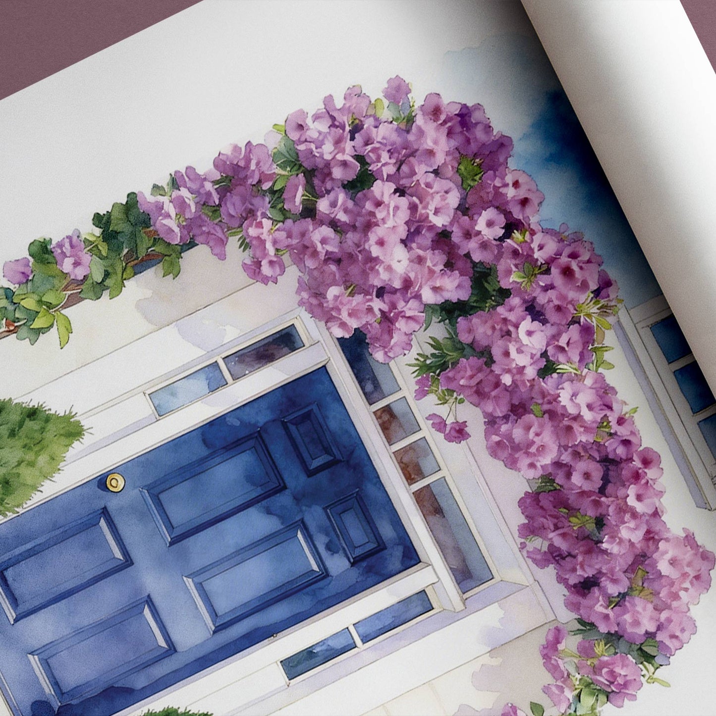 Illustration of a custom front door home portrait of a blue door with a purple flower arch
