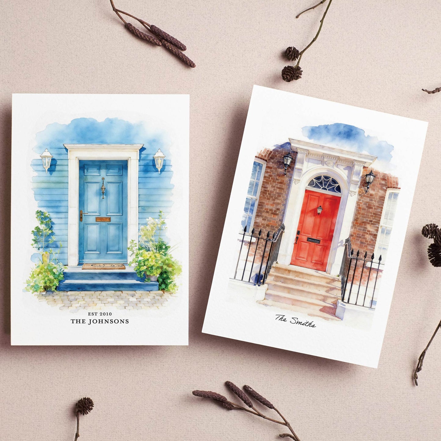 Two illustrations of a custom front door home portrait with watercolour designs of front doors on a beige surface.