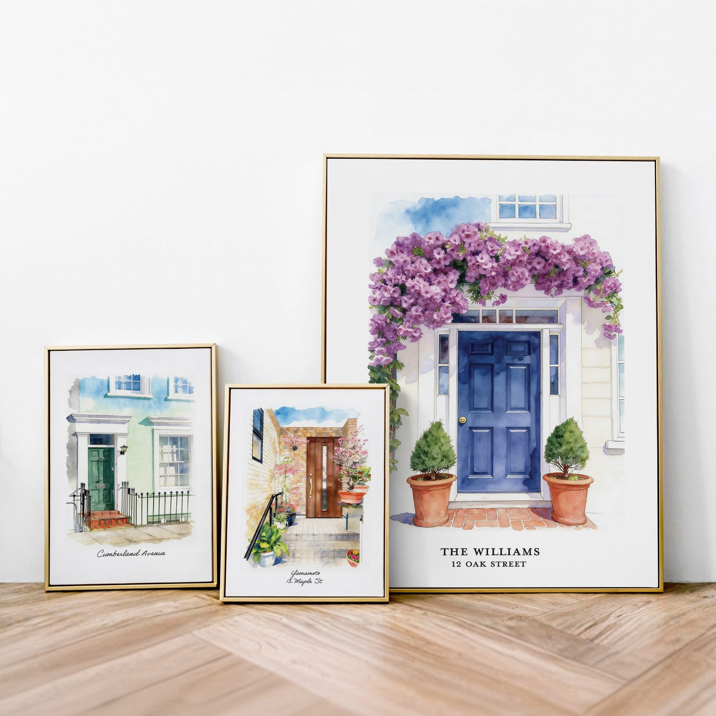 Framed prints of a custom front door home portrait.