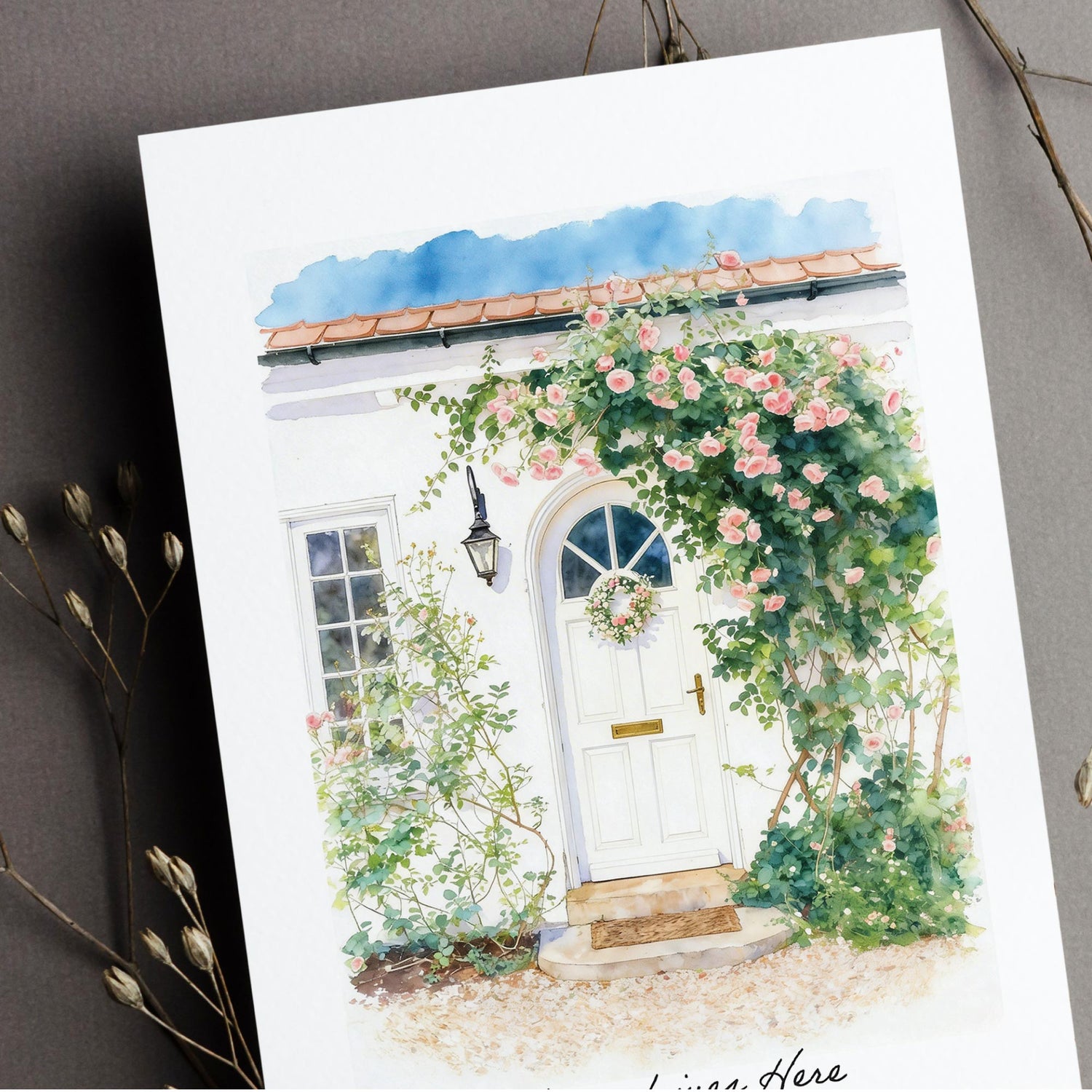 Illustration of a custom front door home portrait of white house with a floral arch over the door on a white background.