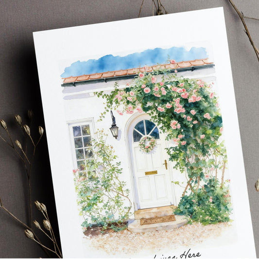 Illustration of a custom front door home portrait of white house with a floral arch over the door on a white background.