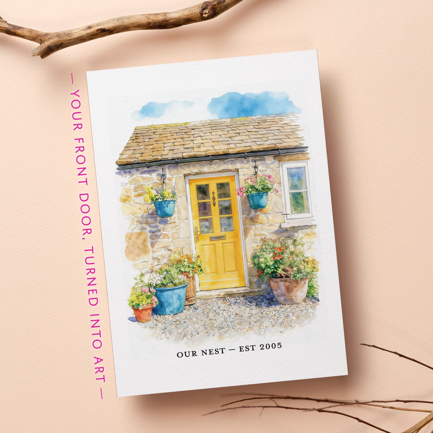 A watercolour illustration of a custom front door home portrait of a house with a yellow door and potted plants, on a beige background.