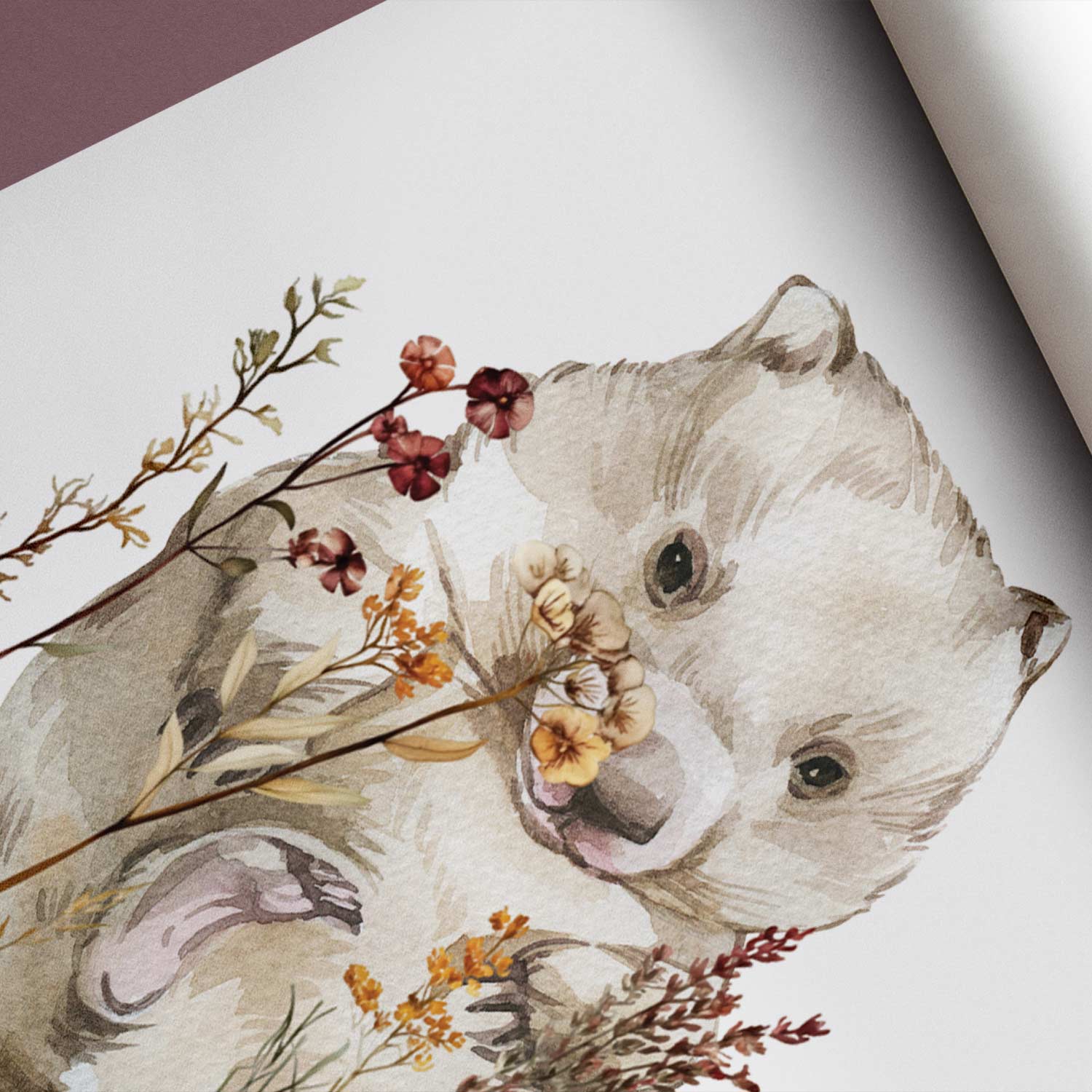 Close up detail of Australian native animal wombat watercolour print with dried botanical elements