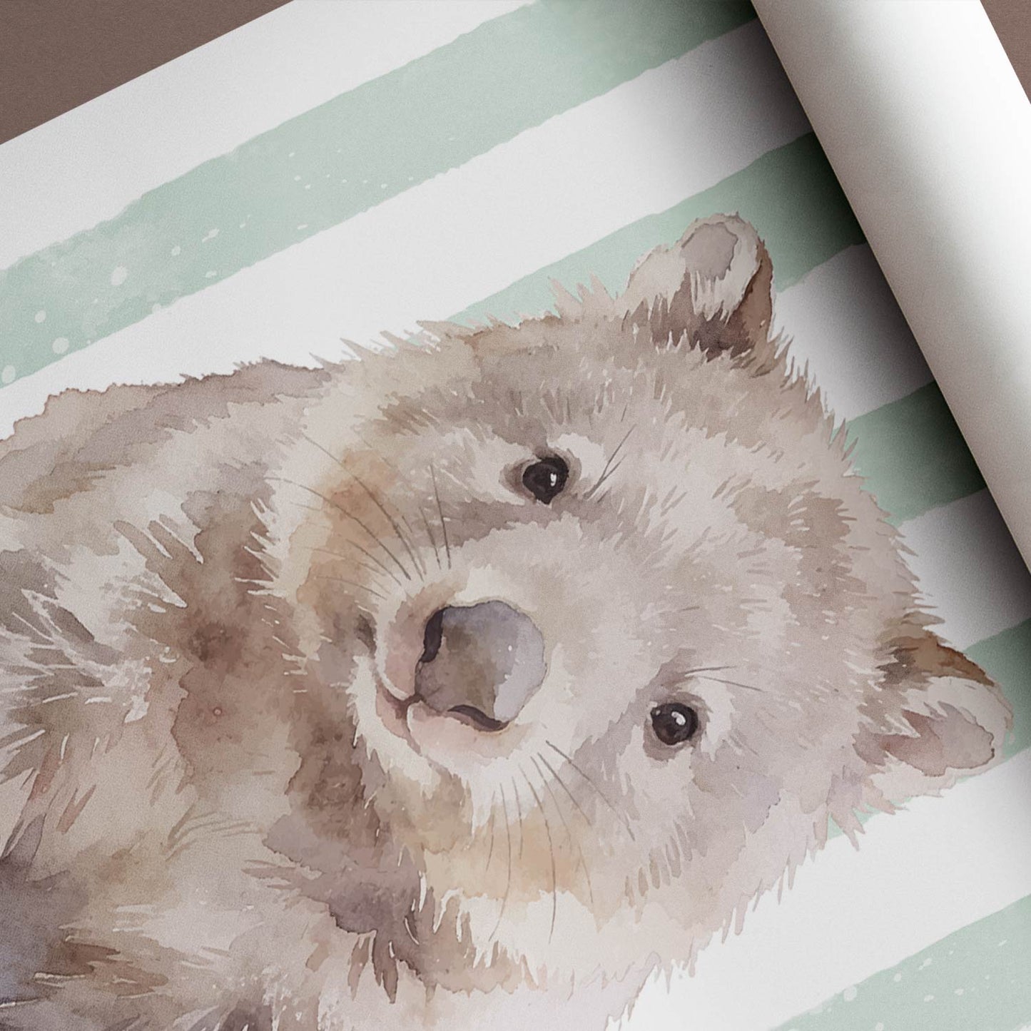 Watercolour illustration of a wombat on a striped green background