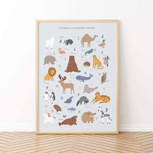 An oak picture frame of a cute Scandinavian animal alphabet poster print