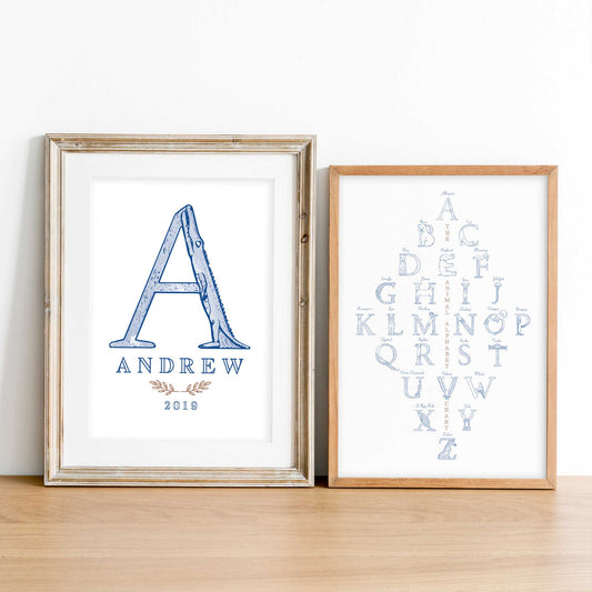 A set of oak picture frames of blue monogram name print and alphabet shape animal chart