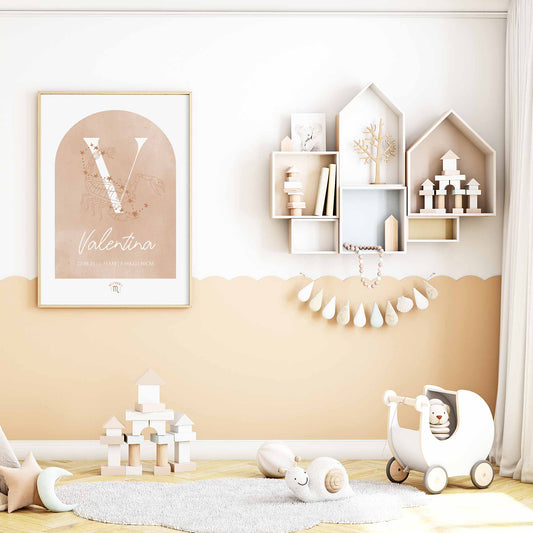 A framed oak frame of a caramel brown watercolor arch display personalised horoscope birth print with Zodiac symbol and constellation in a baby nursery room