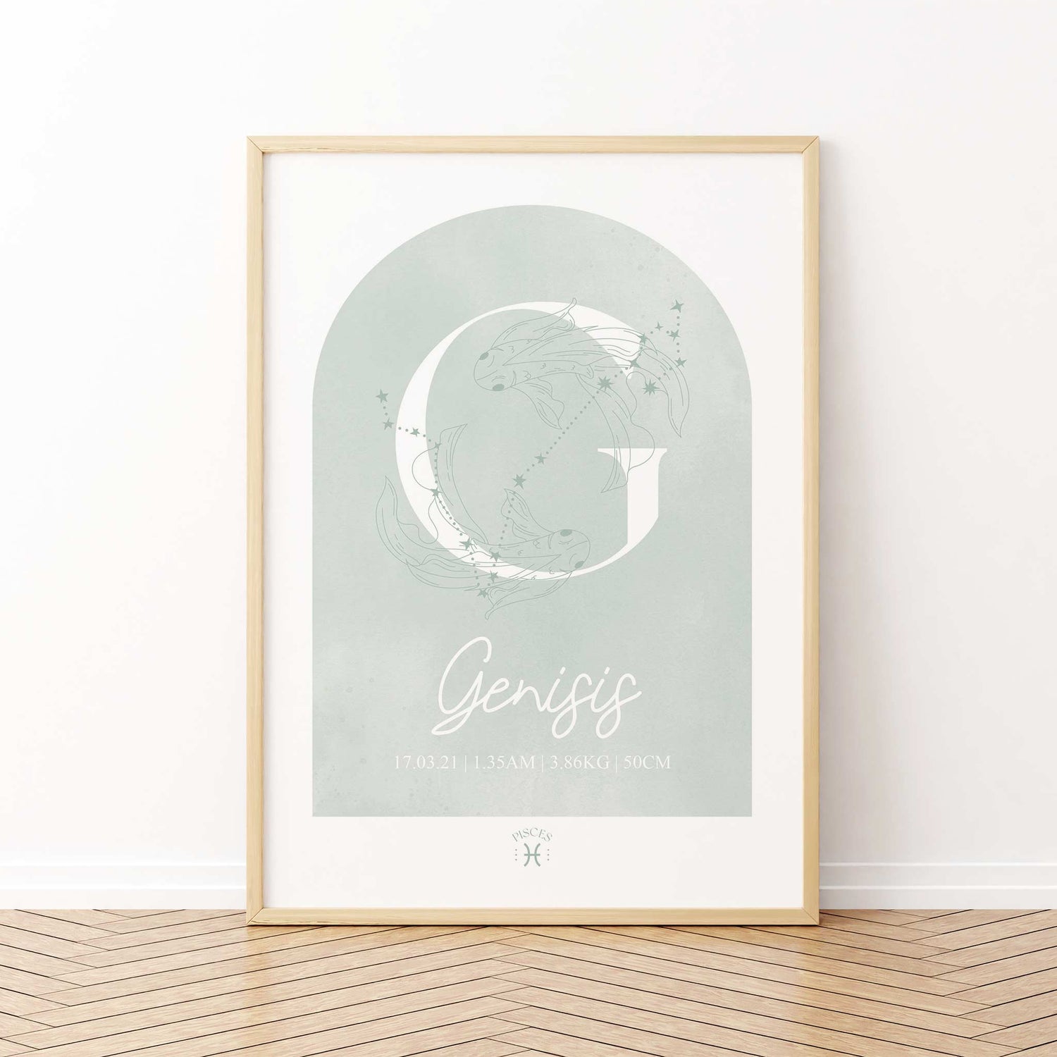 A framed oak frame of a green watercolor arch display personalised horoscope birth print with Zodiac symbol and constellation 