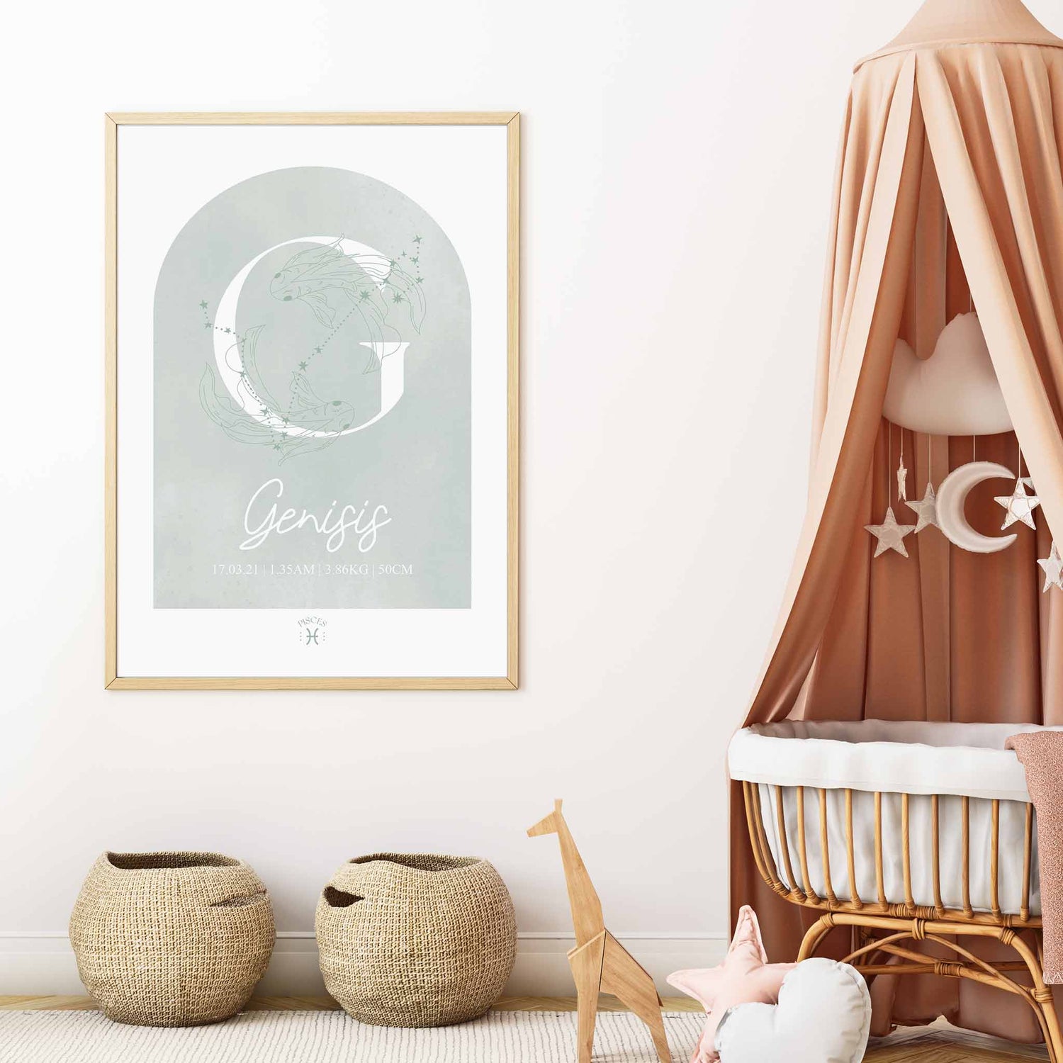 A framed oak frame of a green watercolor arch display personalised horoscope birth print with Zodiac symbol and constellation in a baby nursery room 