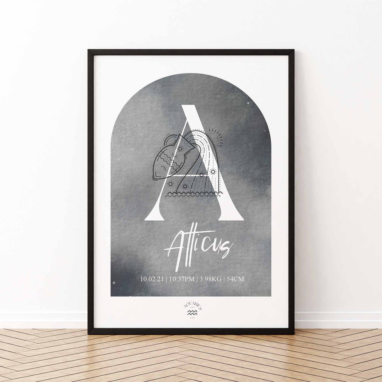 A framed black frame of a grey watercolor arch display personalised horoscope birth print with Zodiac symbol and constellation 