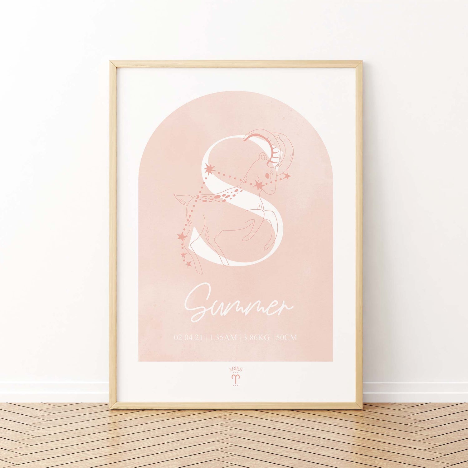 A framed oak frame of a peach pink watercolor arch display personalised horoscope birth print with Zodiac symbol and constellation