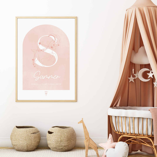 A framed oak frame of a peach pink watercolor arch display personalised horoscope birth print with Zodiac symbol and constellation in a baby nursery room