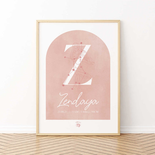 A framed oak frame of a pink watercolor arch display personalised horoscope birth print with Zodiac symbol and constellation