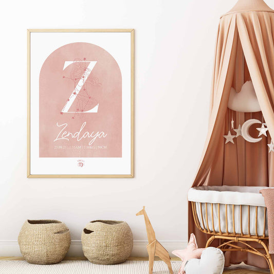 A framed oak frame of a pink watercolor arch display personalised horoscope birth print with Zodiac symbol and constellation in a baby nursery room 