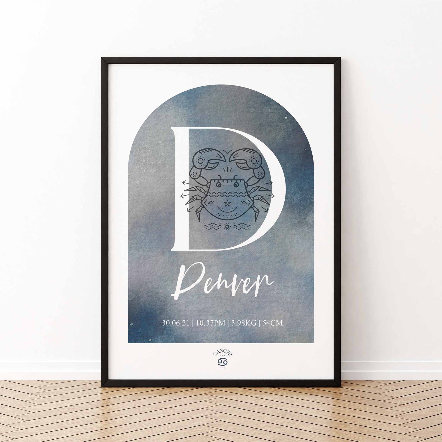 A framed black frame of a space blue watercolor arch display personalised horoscope birth print with Zodiac symbol and constellation