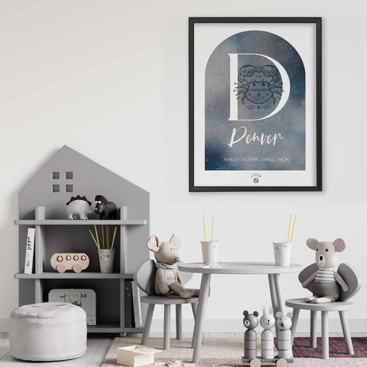 A framed black frame of a space blue watercolor arch display personalised horoscope birth print with Zodiac symbol and constellation in a baby nursery room