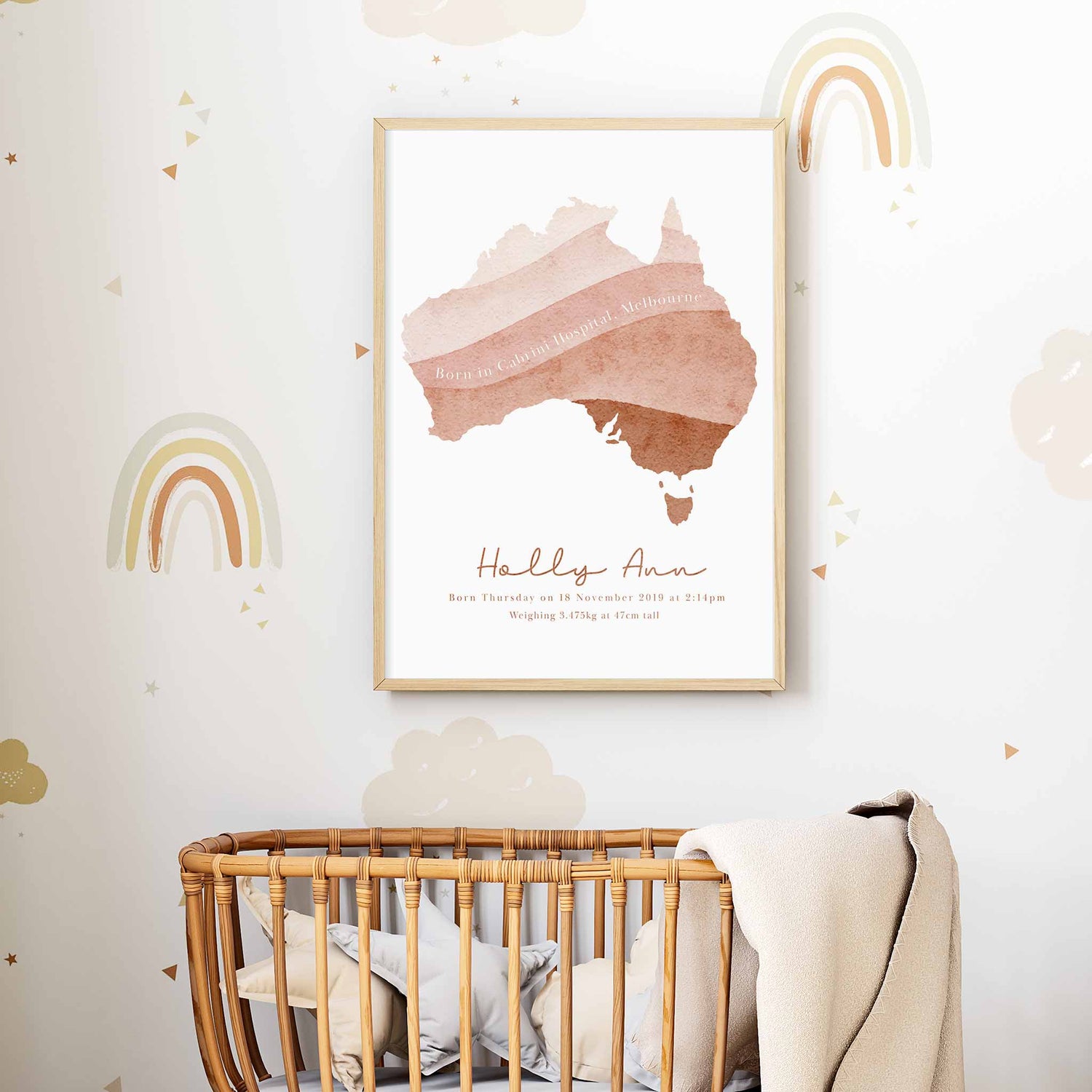 Framed picture of Australia map personalised birth print in a child's nursery