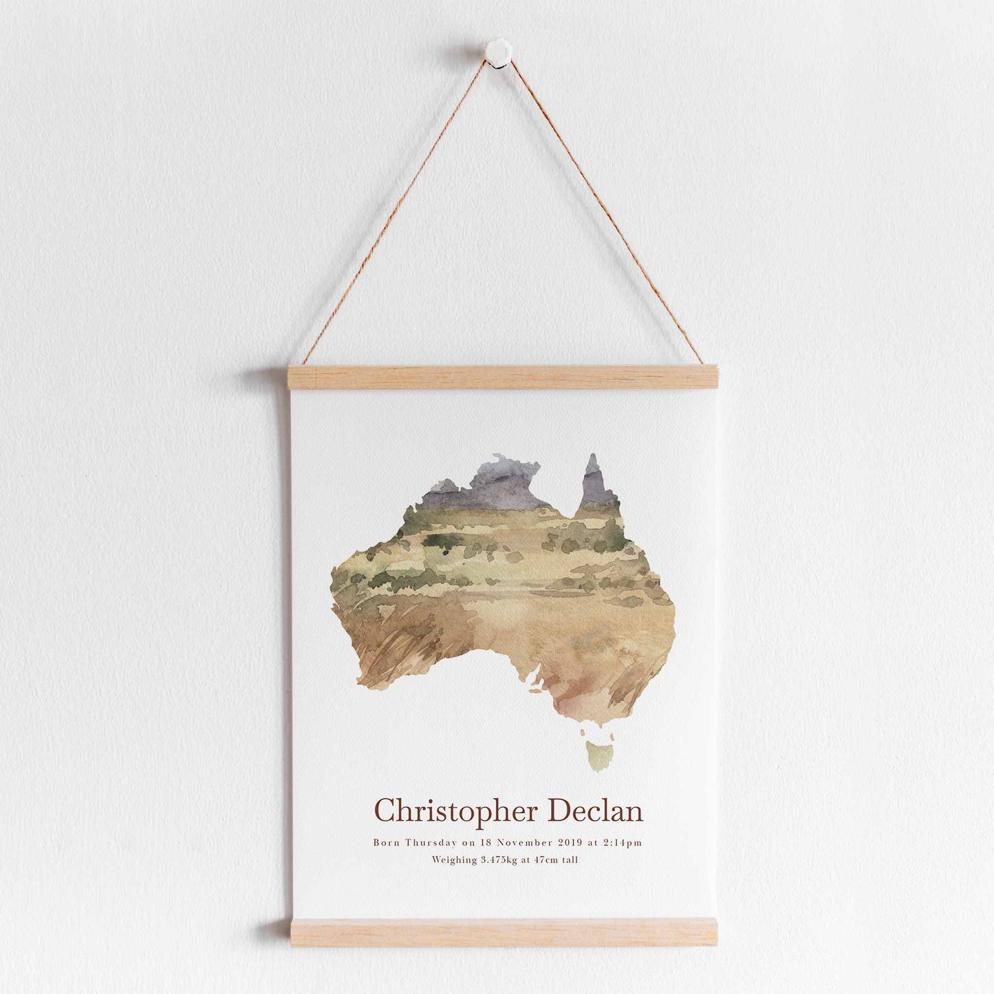 Hanging frame of Australia map outback landmark personalised birth print details