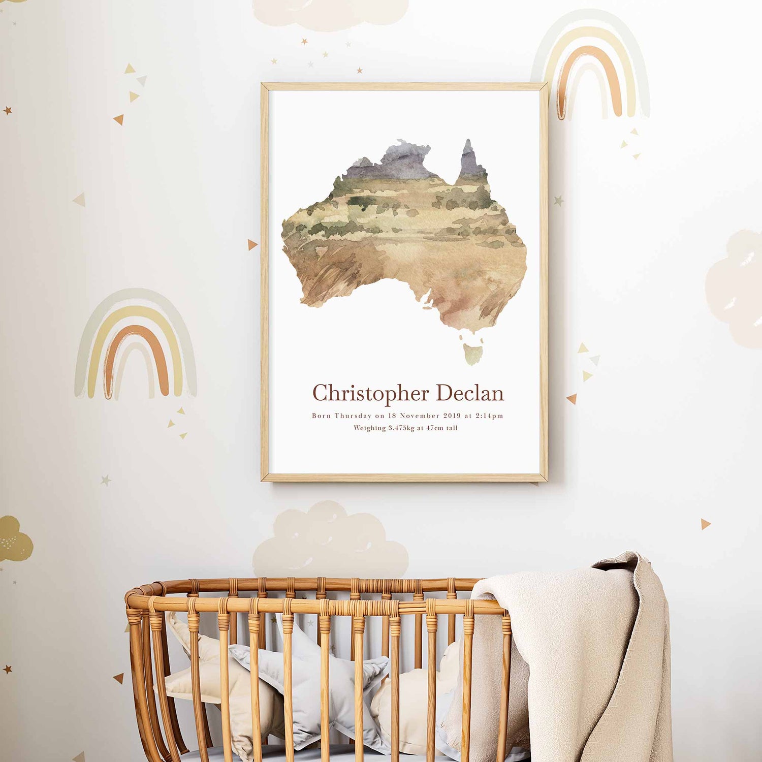 Framed picture of Australia map personalised birth print in a child's nursery