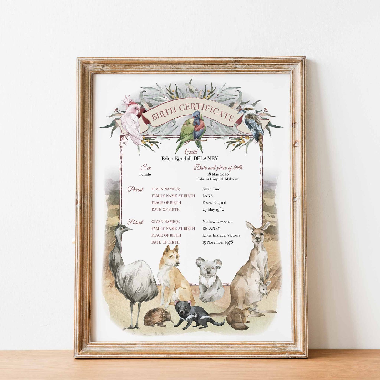 A framed oak frame of Australia native animals; wombat, kookaburra, koala, kangaroo, emu, dingo, echidna, Tasmanian devil, platypus, cockatoo, and budgies in the Australian outback 