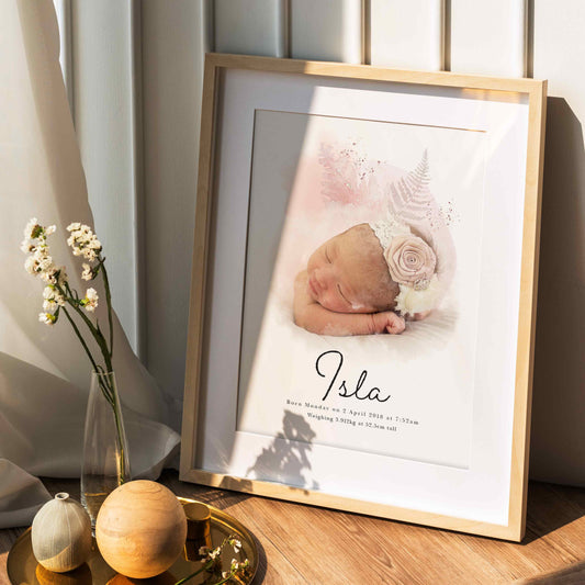 A picture frame of a personalised baby portrait print displayed on a table