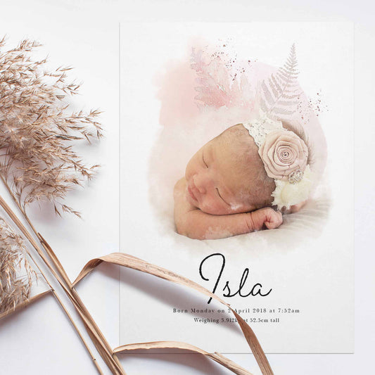 A flatlay picture of a personalised baby portrait print