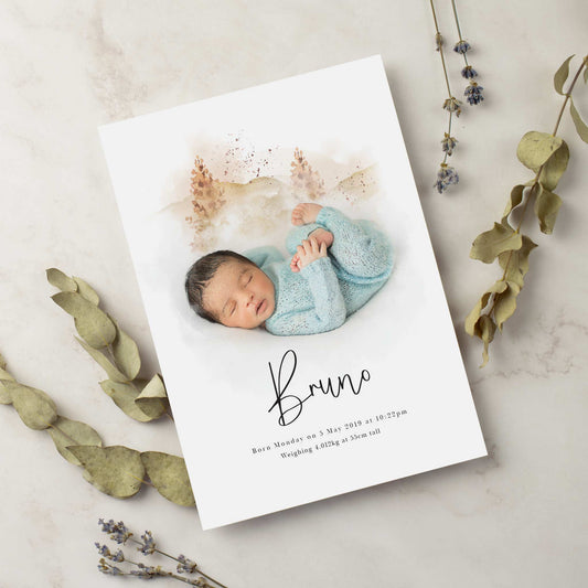 A flatlay picture of a personalised baby portrait print