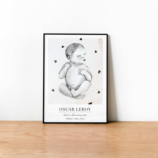 A black picture frame of a baby boy personalised birth poster print