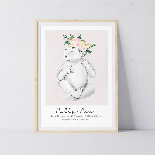 An oak picture frame of a baby girl personalised birth poster print